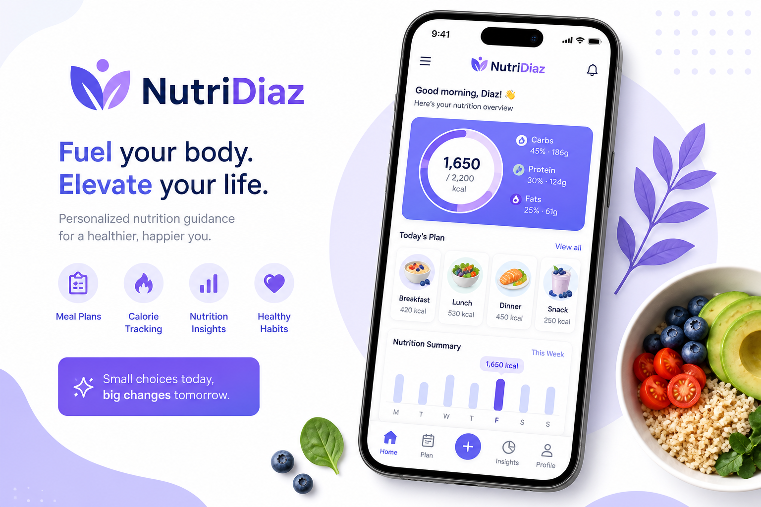 Interfaz de la app NutriDiaz en un smartphone
